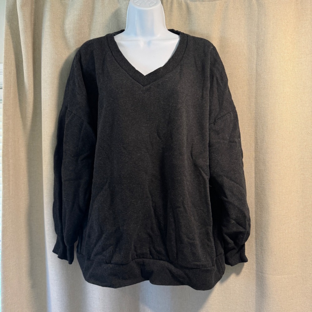 Zenana 1X Gray V-Neck Long Sleeve Pullover Sweatshirt Oversized Athleisure